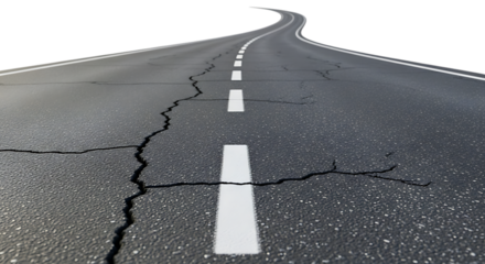 Cracked asphalt road with white dashed lines curving into darkness isolated on white background