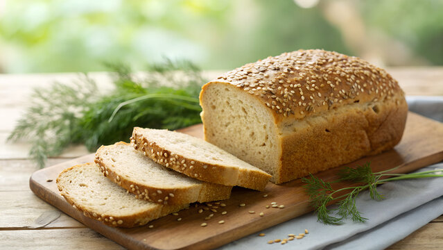 Whole grain bread with sesame seeds and dill on a wooden table, sliced loaf with fresh herbs, rustic bakery product, healthy food concept