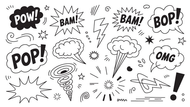 Set of hand-drawn comic speech bubbles and sound effects vector doodle elements for graphic design isolated on white background