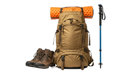 Tan hiking backpack with orange sleeping pad brown hiking boot and trekking pole isolated on white background