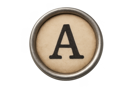 Typewriter key displaying letter a, vintage alphabet character for education, communication, and retro concepts