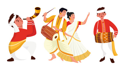 Celebrate vibrant Bengali culture with joyful musicians playing traditional instruments during Pohela Boishakh festival, expressing rich heritage and festive cheer