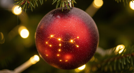 Close-up of a shiny red Christmas ornament with constellation pattern, sparkling lights, hanging on a green fir tree branch.