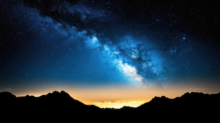 Fototapeta premium Majestic starry sky with silhouette of mountains and glowing horizon creates serene atmosphere