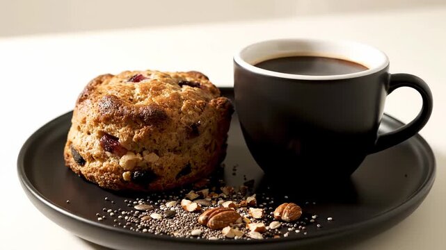Just baked scone loaded with nuts and berries, paired with a steaming cup of rich black coffee on a stylish dark plate. A nutritious and delightful choice for breakfast
