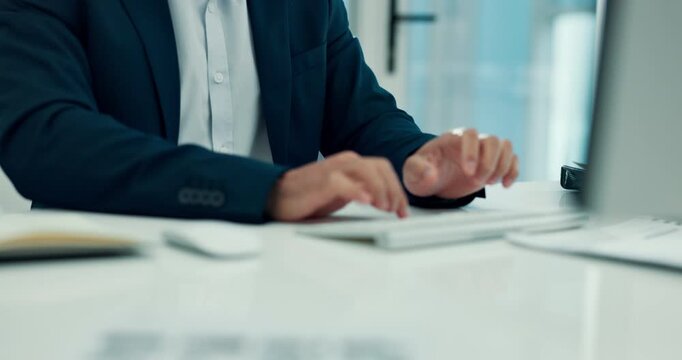 Review, business man and computer in office for finance reporting, forecasting and internal audit. Flare, accountant and typing on tech at firm for funding proposal, risk analysis or notes comparison