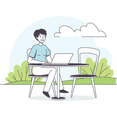 Person Working on Laptop Outdoors at a Table with Green Bushes and Sky Background