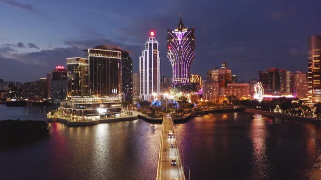 Aerial view of downtown skyline at night, Macao, China