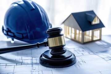 Construction Law: A Gavel, Blueprint, Hard Hat, and Model House Representing Legal Aspects of Building Projects