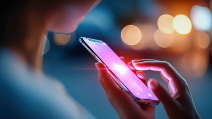 Close-up of hands typing on smartphone with glowing data effects, symbolizing digital communication and online security - Powered by Adobe