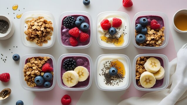 Flat lay photo of breakfast meal prep boxes with granola, yogurt, berries, bananas, chia seeds, and honey drizzle. Soft natural light, pastel tones, clean minimal style &mdash; perfect for stock use.