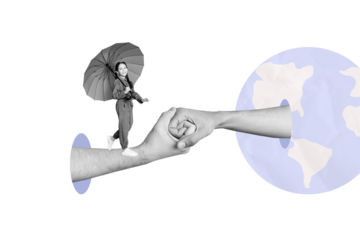 Composite trend artwork 3D image photo collage of school age girl hold umbrella walk huge hand unity friendship planet earth global world