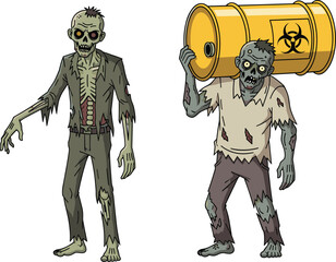 Creepy cartoon zombies carrying toxic barrel, scary undead characters in tattered clothes, radioactive horror illustration perfect for Halloween design themes