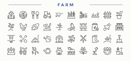 Farm icon set. Contain linear symbols land, agriculture, garden, plant and more. Farming linear icon set. Vector illustration. © Rubbble