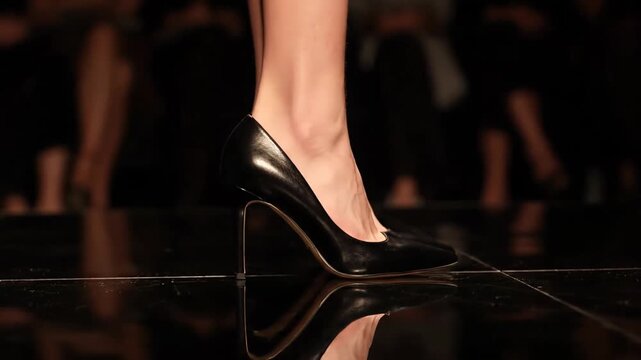 Close up of a woman's feet wearing elegant black high heeled shoes while walking on a shiny catwalk during a fashion show event