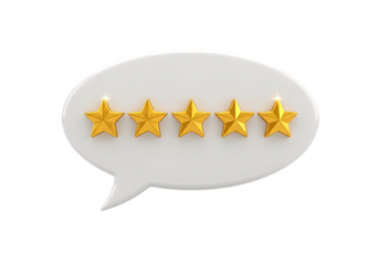 3d illustration of five golden star rating inside a white speech bubble, isolated on transparent background on transparent background