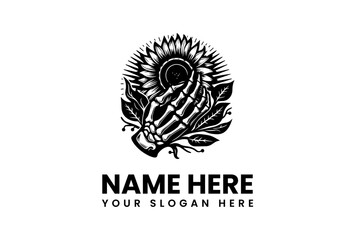 A skeletal hand cradling a sunflower symbolizing life and death.
