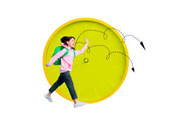 Composite trend artwork sketch image photo collage of young girl schoolage autumn season walk lesson backpack arrow direction clock time