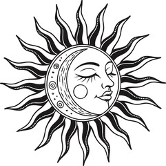 Mystical sun face silhouette emblem symbol icon graphic design element isolated on transparent background