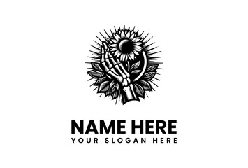 Artistic Skeleton Hand Holding Sunflower with Detailed Leafy Embellishments.