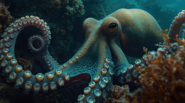 Stunning close-up of an octopus in its natural underwater habitat, vibrant marine life
