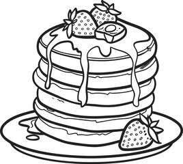 Delicious stack of pancakes topped with fresh strawberries and syrup outline drawing isolated on transparent background
