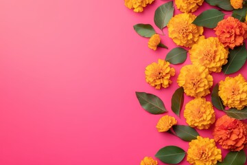 Vivid Marigold Flowers and Green Leaves Bordering a Pink Background Creating a Festive Floral Design