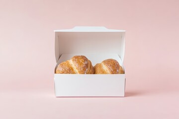 Two Glazed Croissants Freshly Delivered in a Clean White Box on a Pastel Background.
