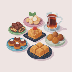 Assortment of middle eastern sweets displayed on colorful plates with a glass of tea, creating a delicious and inviting scene, perfect for a festive occasion.