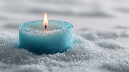 A glowing tealight candle surrounded with snow
