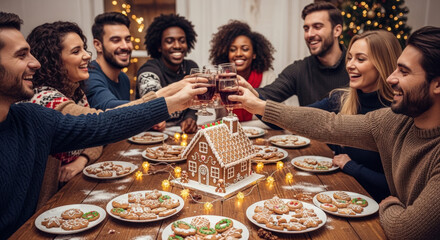 Group of cheerful young adults toasting with wine around a gingerbread house during a festive Christmas celebration at home.