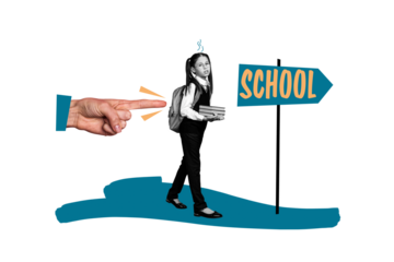 Composite photo collage of bored schoolgirl force go school pointer direction education concept autumn isolated on painted background