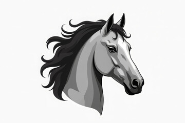 Obraz premium Elegant monochrome illustration of a horse head with flowing mane on a white background, symbolizing strength, grace, freedom, and beauty, perfect for equestrian, logo, or artistic design concepts