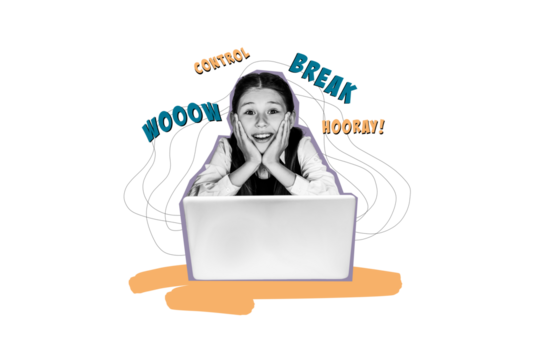 Composite photo collage of happy girl online home study macbook device elearn break day off hooray weekend isolated on painted background