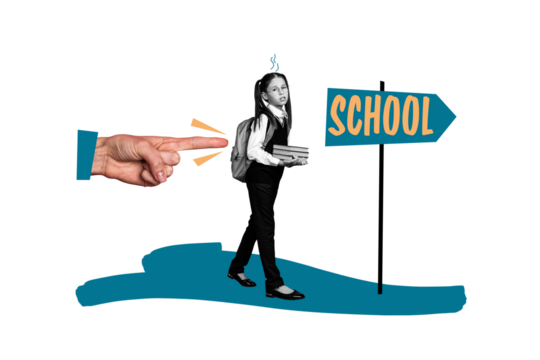 Composite photo collage of bored schoolgirl force go school pointer direction education concept autumn isolated on painted background