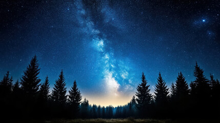 Naklejka premium Majestic stars illuminate serene forest silhouette under starry night sky