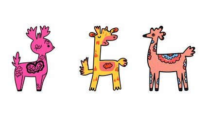 Naklejka premium Funky Animal Illustrations for Children's Designs: A Collection of Playful Deer, Giraffe, and Llama Characters, Perfect for Whimsical Projects and Creative Ideas
