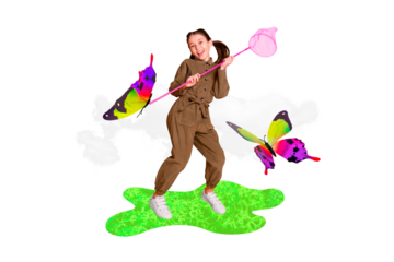 Composite photo collage of excited teenage girl hold net catch colorful butterflies spring summer hobby fun isolated on painted background