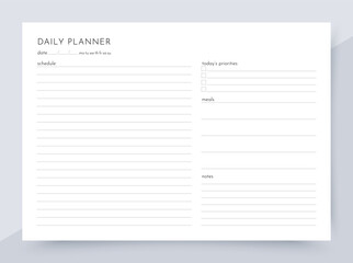 Daily planner. Timetable for day with notes. Homework organizer template. Simple scheduler. Journal page. Empty blank of diary. Layout of schedule planer. Vector illustration. Paper size A4.