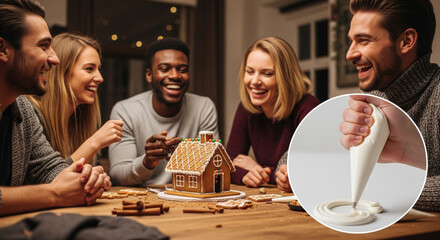 Four friends joyfully decorating a gingerbread house together during a cozy holiday gathering, conveying friendship and festive cheer.