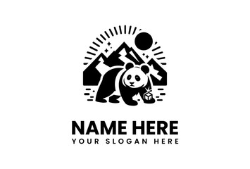 Black Panda Logo with Mountains Sun and a Cube Symbolizing Innovation.