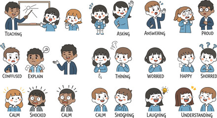 Cartoon Children and Adults Expressing Emotions and Actions – Teaching, Asking, Thinking, Explaining, Proud, Confused, Happy, Shocked, Laughing