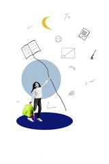 Vertical photo collage of happy schoolgirl hold string book balloon imitation education literature concept isolated on painted background
