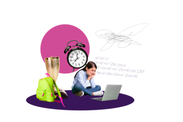 Composite photo collage of happy preteen girl surf laptop elern concept backpack alarm golden cup supplies isolated on painted background