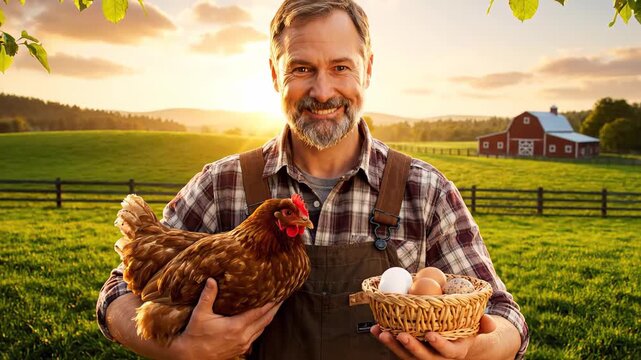 Smiling male farmer standing in a green field holding a hen and a basket of fresh eggs. Beautiful countryside landscape with a red barn
