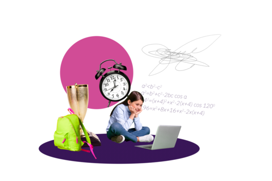 Composite photo collage of happy preteen girl surf laptop elern concept backpack alarm golden cup supplies isolated on painted background