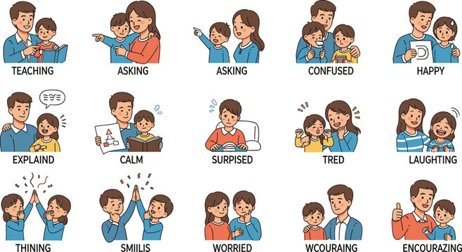 Cartoon-style emotional expressions and social interactions, teaching, asking, encouraging, confused, happy, tired, laughing, worried, thinking, surprised moments.