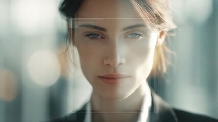 A close up of a serious woman with striking blue eyes, highlighted by a transparent digital frame overlay. The image conveys innovation, intelligence, and the intersection of technology and humanity - Powered by Adobe