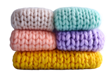 Stack of colorful knitted headbands in pastel shades creating a cozy and vibrant winter accessory display on transparent background