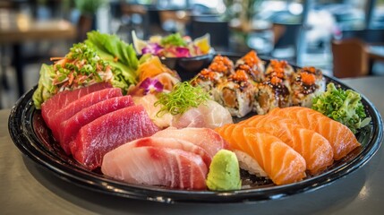 Fresh and Colorful Sushi Platter Featuring Various Types of Sushi, Sashimi, and Vibrant Vegetables in a Restaurant Setting